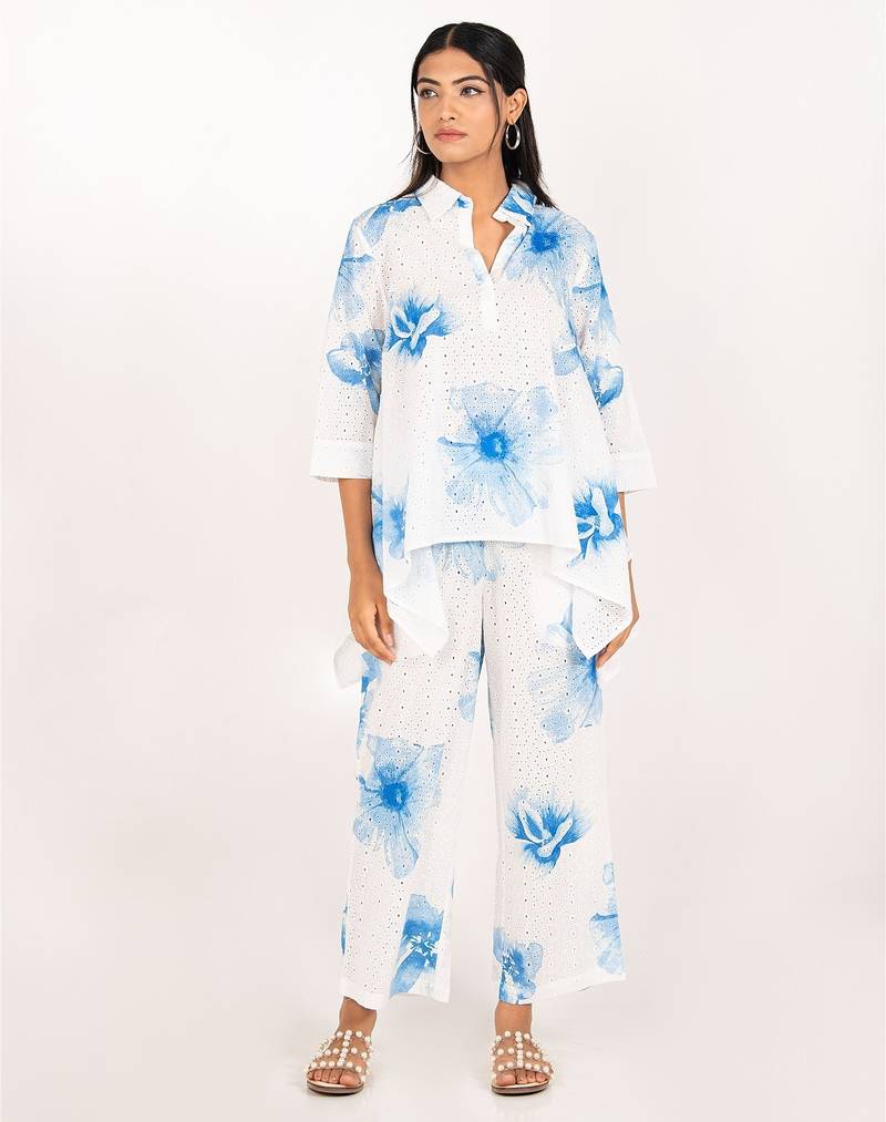 Rhodes set blue printed pure cotton schiffli coord set