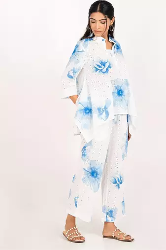 Rhodes set blue printed pure cotton schiffli coord set