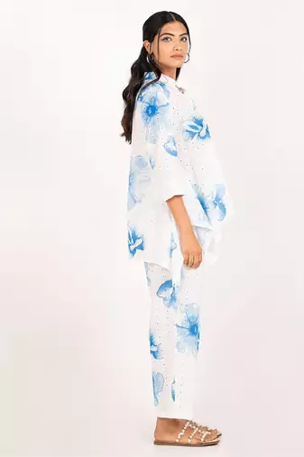 Rhodes set blue printed pure cotton schiffli coord set