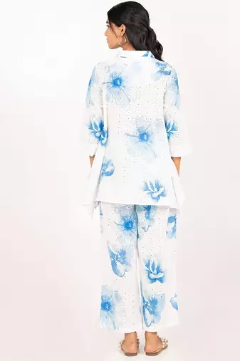 Rhodes set blue printed pure cotton schiffli coord set