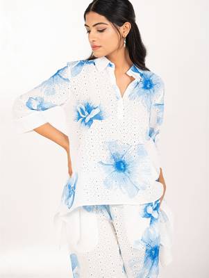Rhodes set blue printed pure cotton schiffli coord set 5