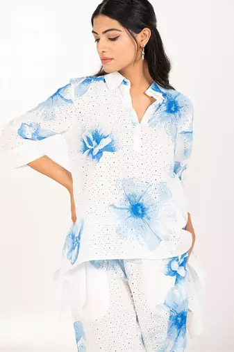 Rhodes set blue printed pure cotton schiffli coord set