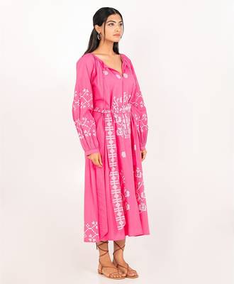 Paphos dress pink embroidered pure cotton maxi dress 1