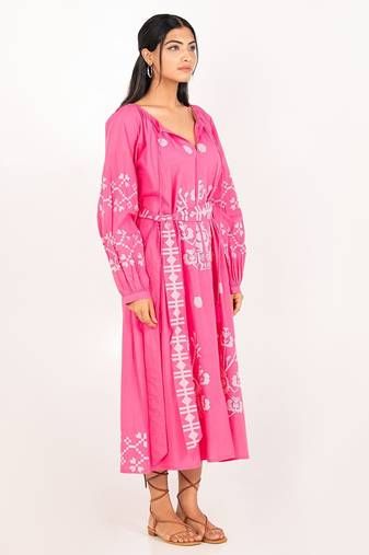 Paphos dress pink embroidered pure cotton maxi dress