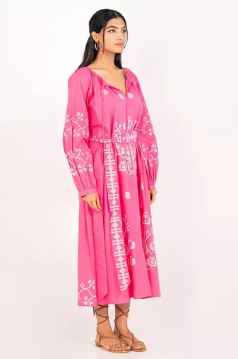 Paphos dress pink embroidered pure cotton maxi dress
