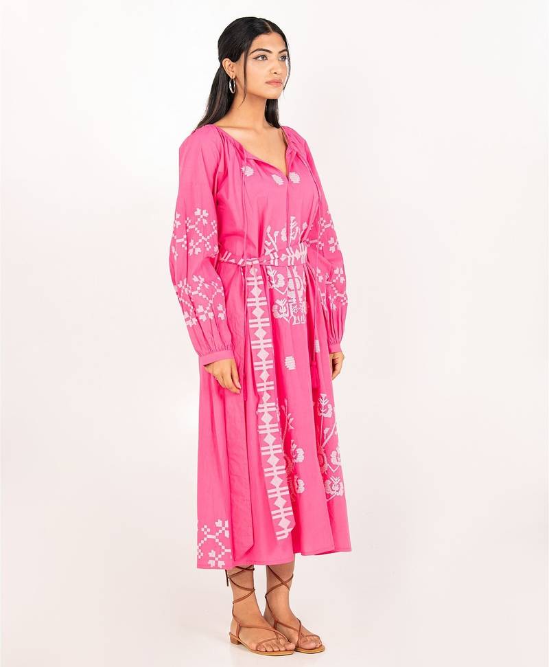Paphos dress pink embroidered pure cotton maxi dress