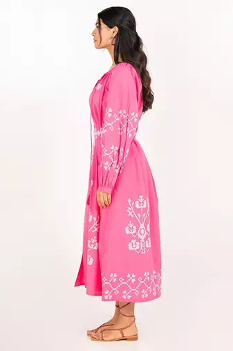 Paphos dress pink embroidered pure cotton maxi dress