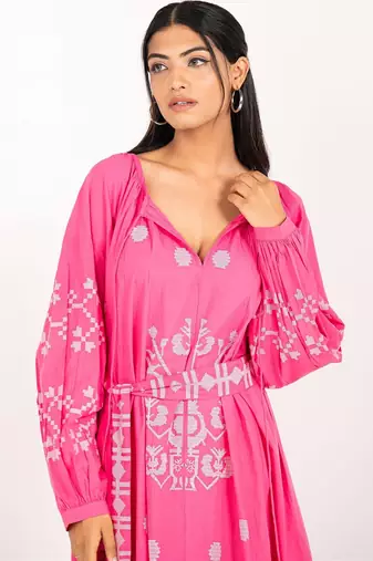Paphos dress pink embroidered pure cotton maxi dress