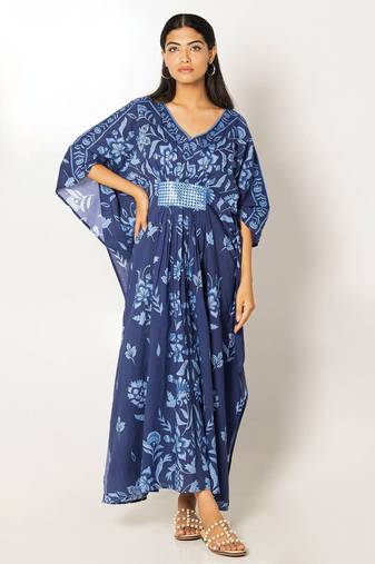 Naples kaftan navy blue embroidered linen kaftan