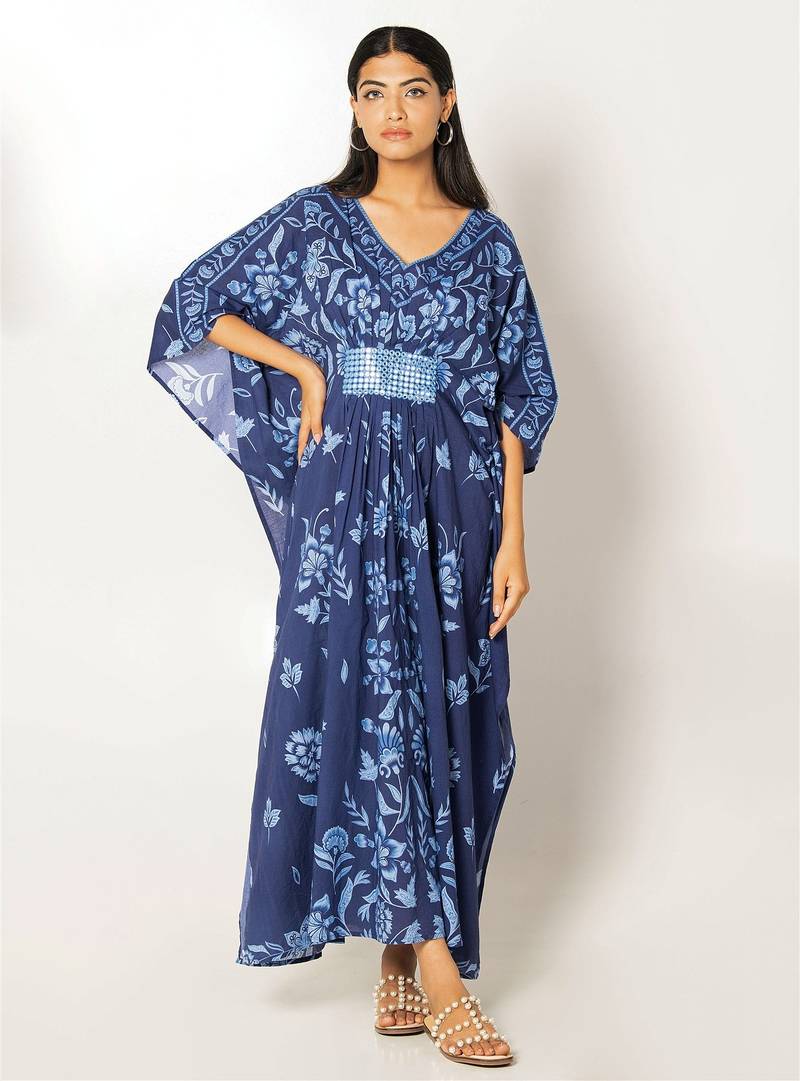 Naples kaftan navy blue embroidered linen kaftan
