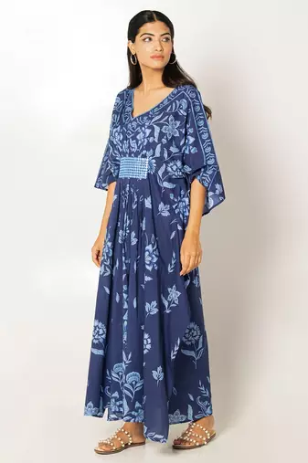 Naples kaftan navy blue embroidered linen kaftan