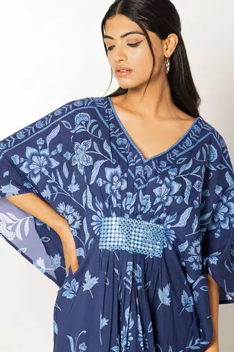 Naples kaftan navy blue embroidered linen kaftan