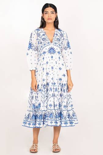 Lima dress white printed pure cotton schiffli midi dress