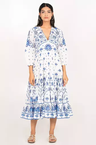 Lima dress white printed pure cotton schiffli midi dress