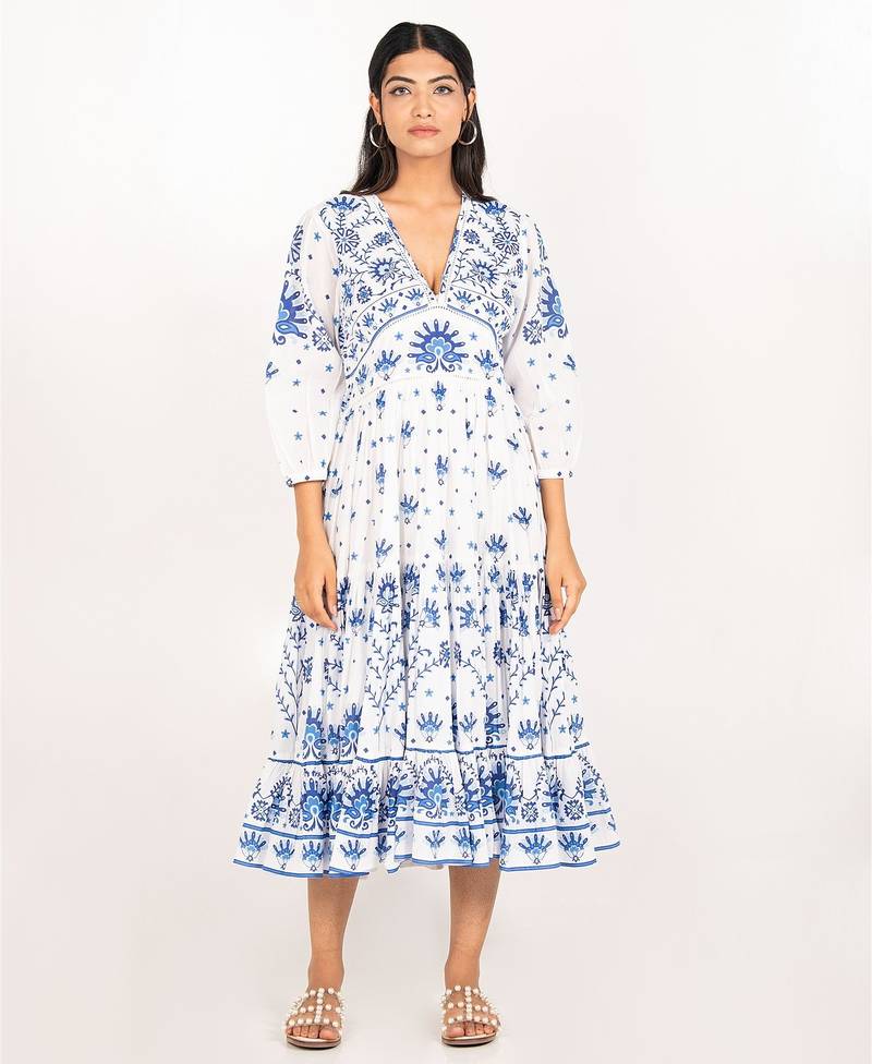 Lima dress white printed pure cotton schiffli midi dress