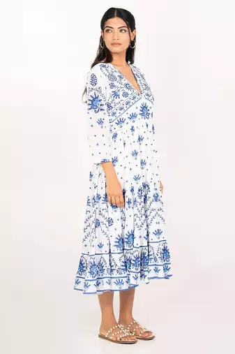 Lima dress white printed pure cotton schiffli midi dress