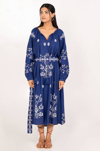 Capri dress navy blue embroidered pure cotton maxi dress