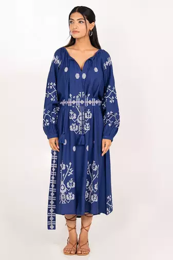 Capri dress navy blue embroidered pure cotton maxi dress