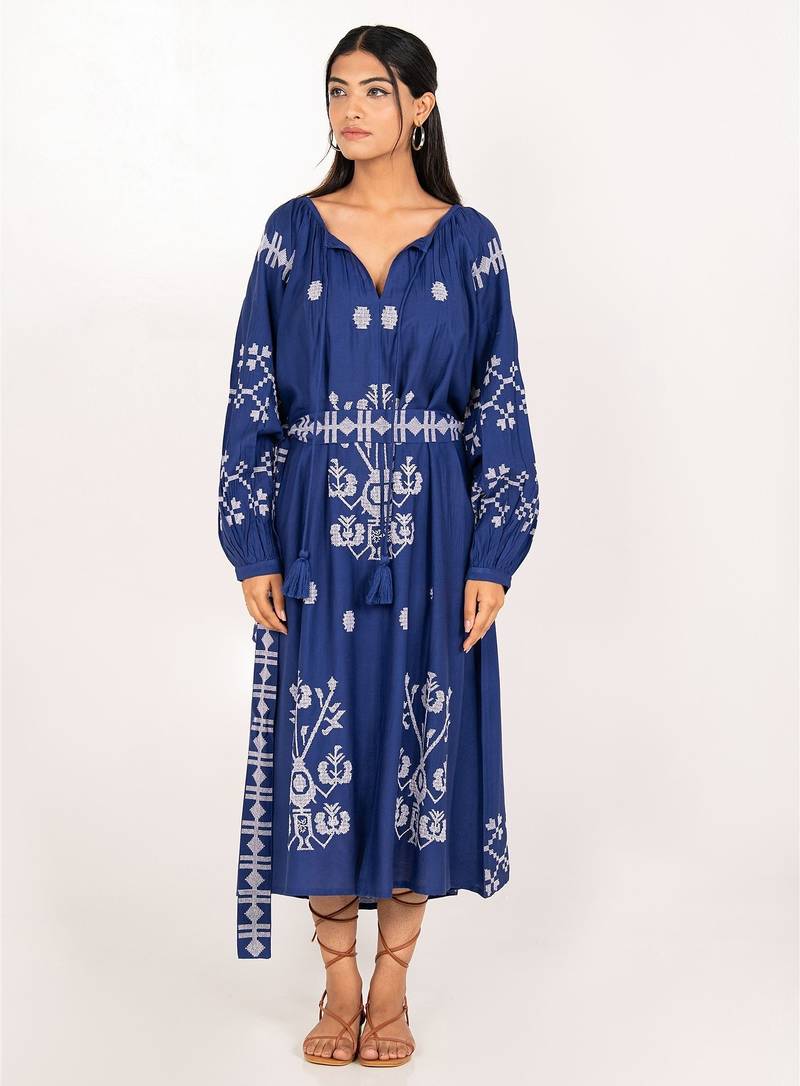 Capri dress navy blue embroidered pure cotton maxi dress