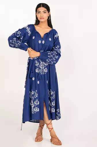 Capri dress navy blue embroidered pure cotton maxi dress