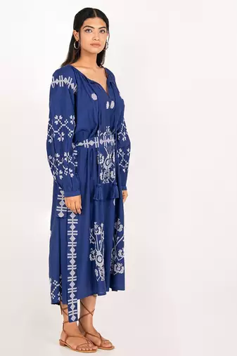 Capri dress navy blue embroidered pure cotton maxi dress