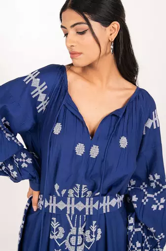 Capri dress navy blue embroidered pure cotton maxi dress