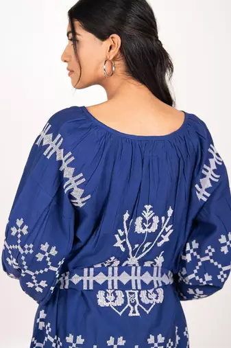 Capri dress navy blue embroidered pure cotton maxi dress