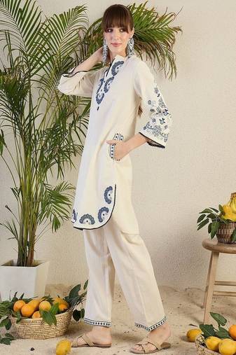 Floral embroidered collar neck pure cotton co-ord set