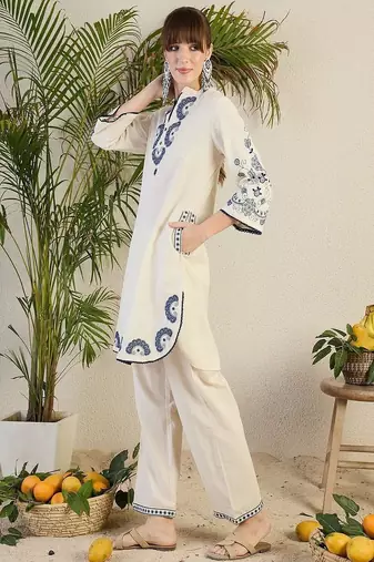 Floral embroidered collar neck pure cotton co-ord set