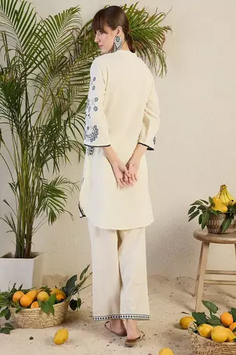 Floral embroidered collar neck  cotton co-ord set