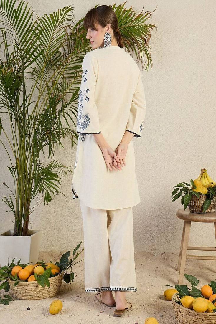 Floral embroidered collar neck pure cotton co-ord set