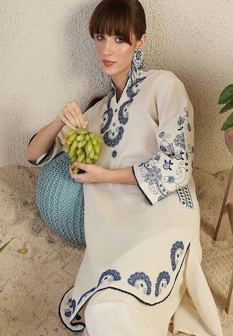 Floral embroidered collar neck pure cotton co-ord set