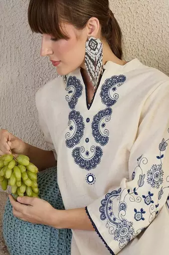 Floral embroidered collar neck  cotton co-ord set