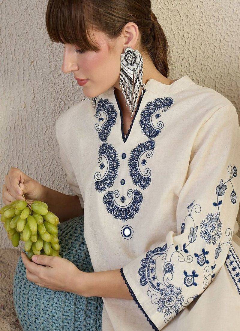 Floral embroidered collar neck pure cotton co-ord set