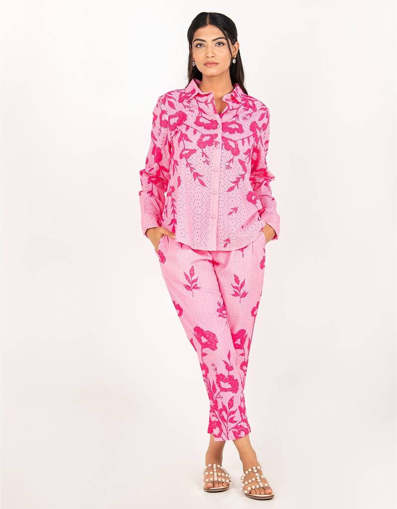 Amalfi set pink printed pure cotton schiffli coord set