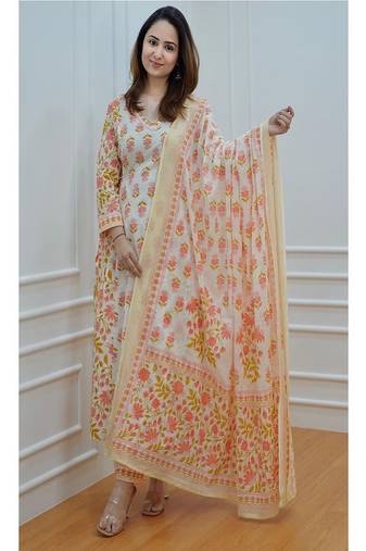 Floral embroidered v neck pure cotton kurta trosuer & dupatta set