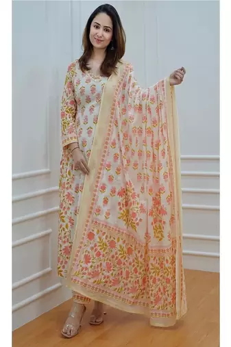 Floral embroidered v neck pure cotton kurta trosuer & dupatta set