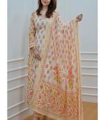 Floral embroidered v neck pure cotton kurta trosuer & dupatta set