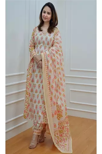 Floral embroidered v neck  cotton kurta trosuer & dupatta set