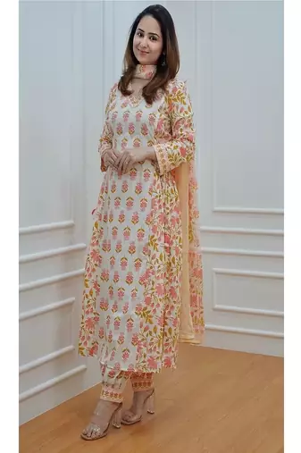 Floral embroidered v neck  cotton kurta trosuer & dupatta set