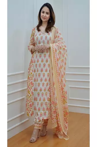 Floral embroidered v neck  cotton kurta trosuer & dupatta set