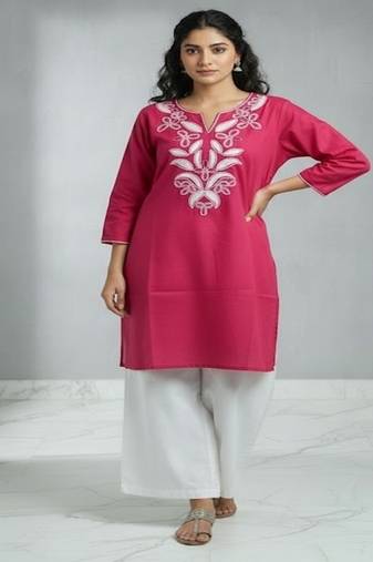 Floral embroidered round neck pure cotton co-ord set