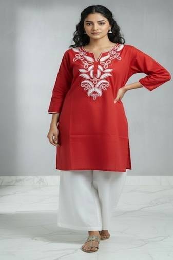 Floral embroidered round neck pure cotton co-ord set