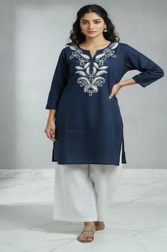 Floral embroidered round neck pure cotton co-ord set