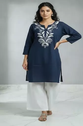 Floral embroidered round neck pure cotton co-ord set