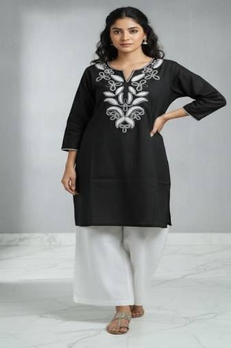 Floral embroidered round neck pure cotton co-ord set