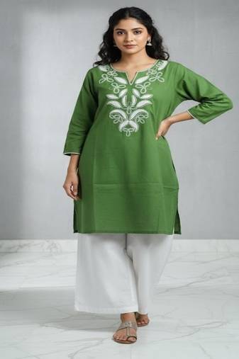 Floral embroidered round neck pure cotton co-ord set