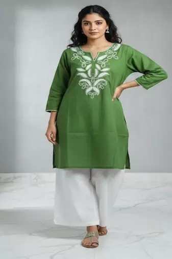 Floral embroidered round neck pure cotton co-ord set