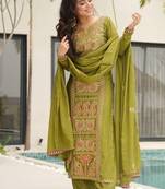 Floral embroidered round neck crepe kurta trosuer & dupatta set