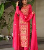 Floral embroidered round neck crepe kurta trosuer & dupatta set